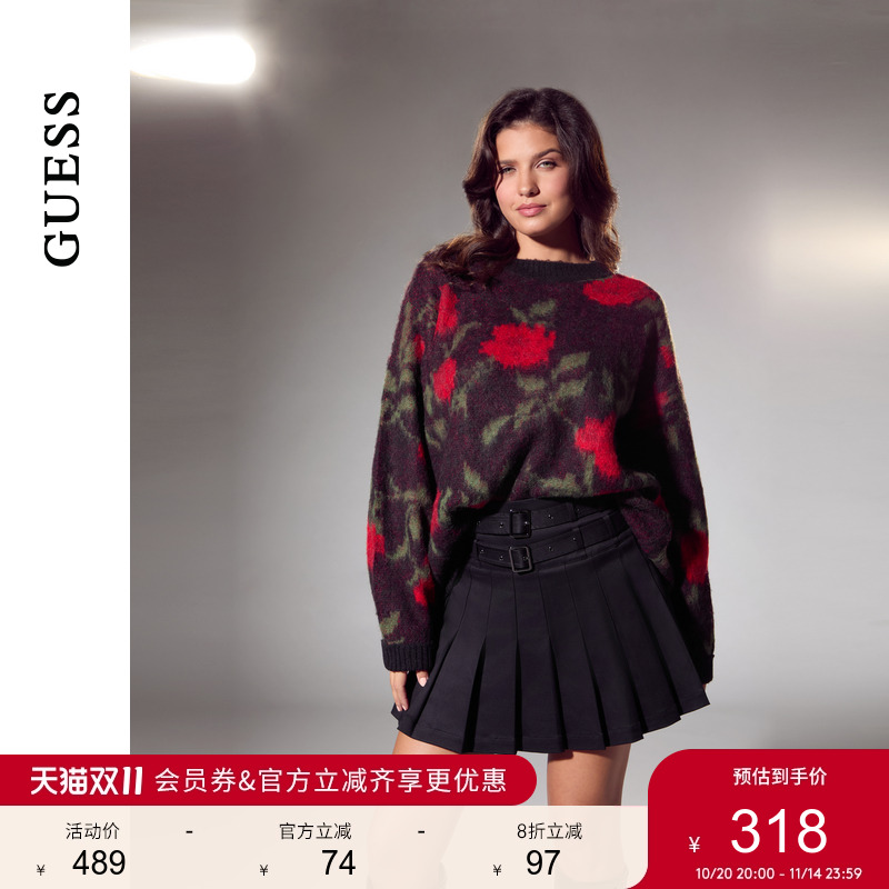 GUESS玫瑰花图案圆领毛衣