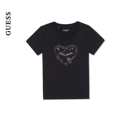 GUESS女士爱心装饰镶钻百搭简约短袖T恤-YP2K2431