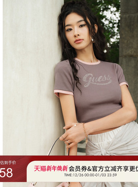 GUESS女士撞色百搭经典版型简约圆领T恤-W4PP95K2Q40