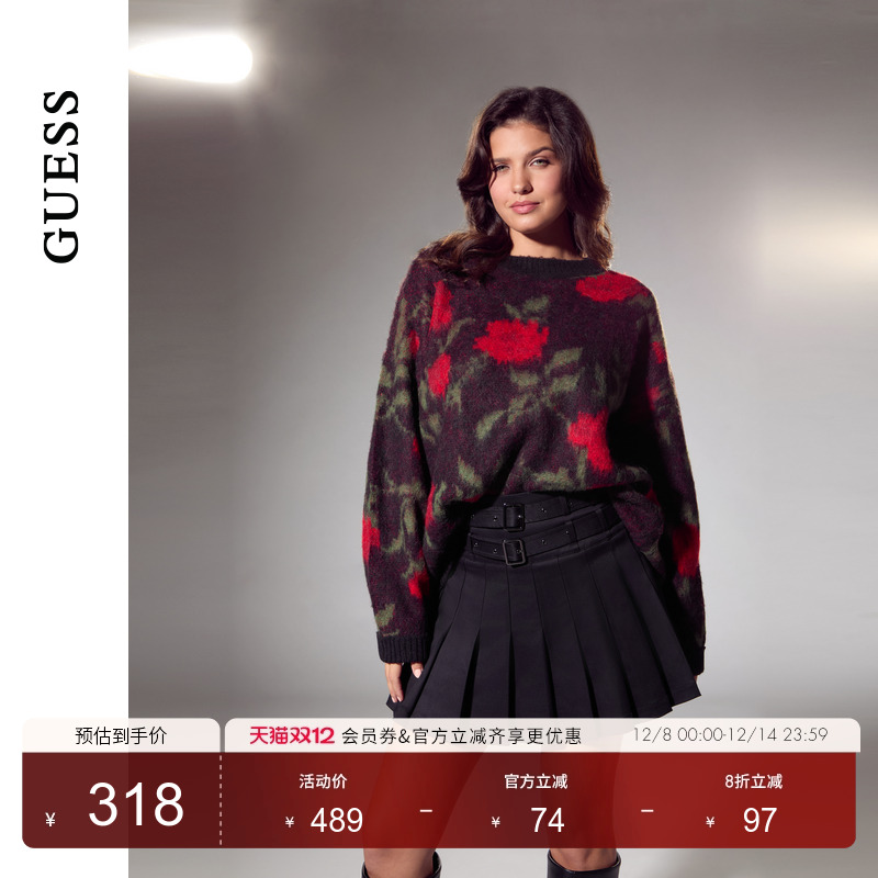 GUESS玫瑰花图案圆领毛衣