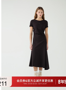 GUESS女士褶皱收腰圆领短袖气质连衣裙-W5PK1HK2Q40