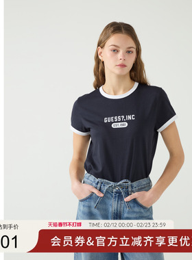 GUESS女士纯棉圆领撞色罗纹修身短袖T恤-W5PP89K2Q40