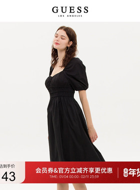 GUESS  女新中式大方领泡泡袖收腰连衣裙小黑裙-W3PK1XW55R0