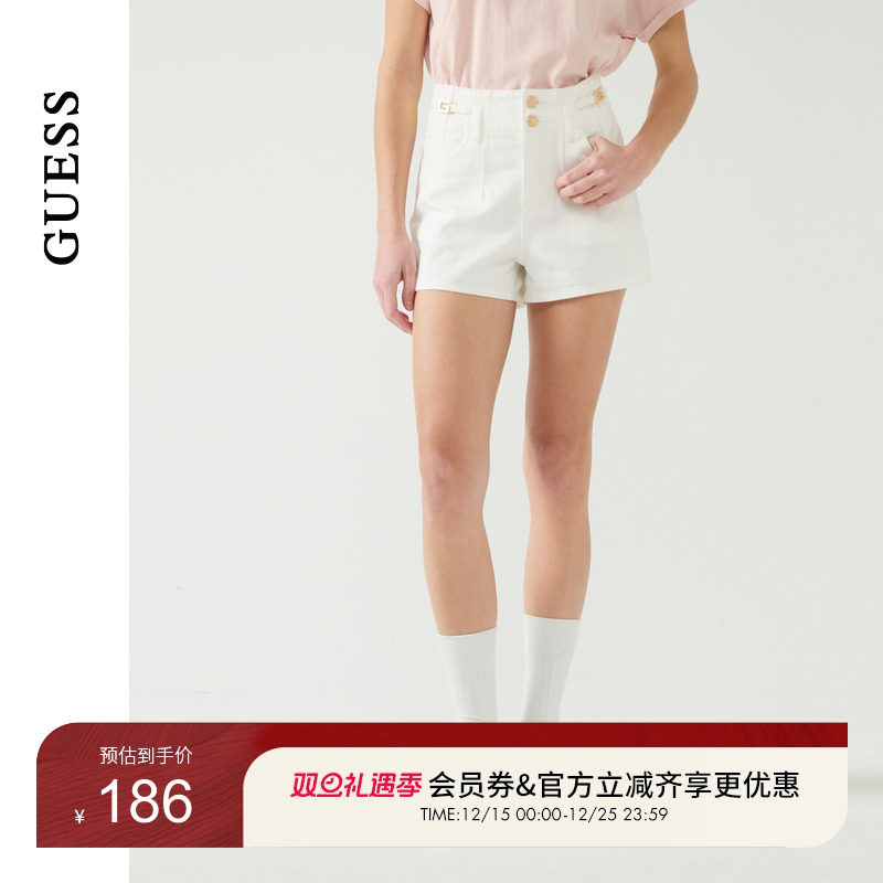 GUESS女士金属配饰纯白水洗牛仔短裤-W5PD3ED51V0