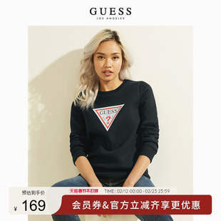 GUESS情侣2020新冬女倒三角LOGO圆领加绒套头卫衣-YK3K6420K-BLK