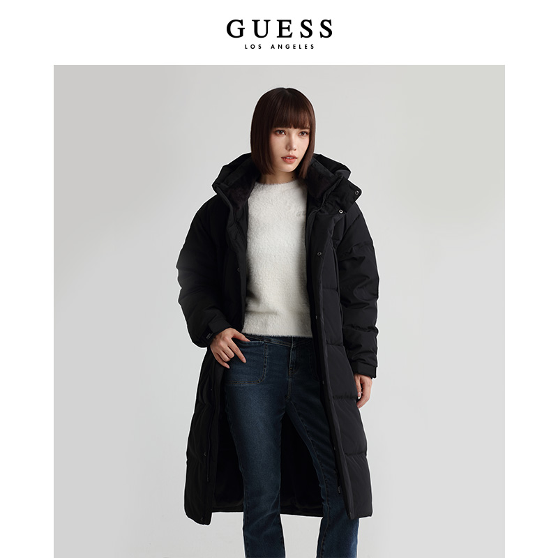 GUESS纯色连帽保暖羽绒服