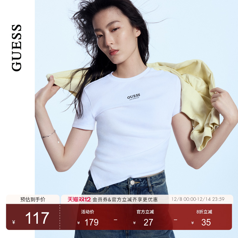 GUESS女士小心机侧面收腰短款短袖T恤-Q4PI34K2Q40