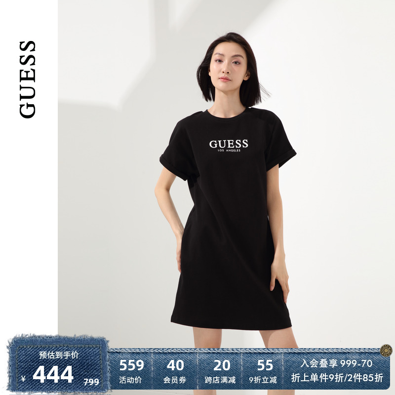 GUESS24年新款夏季女士简约百搭卷袖logo针织连衣裙-Q4PK38K2Q40