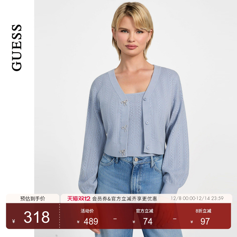 GUESS 女士慵懒长袖蝴蝶结开衫针织衫-W5YR01Z2ZK2
