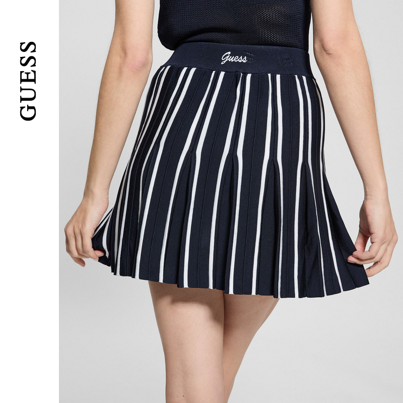 GUESS黑白条纹百褶半身裙