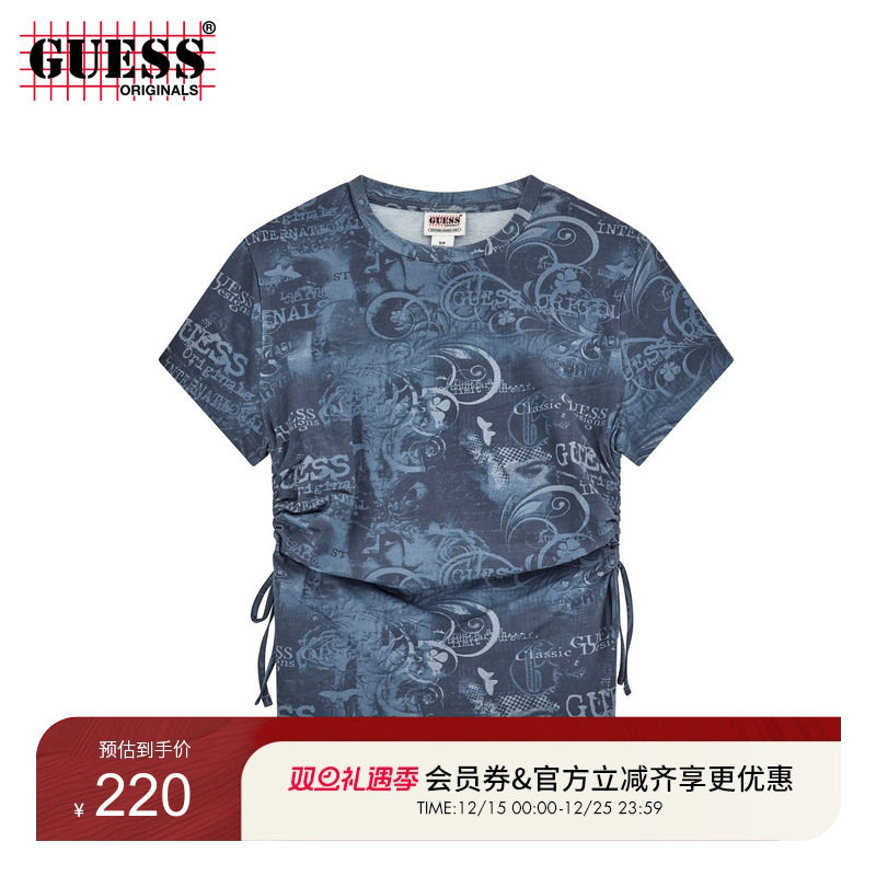 GUESS印花侧边抽绳设计短袖T恤
