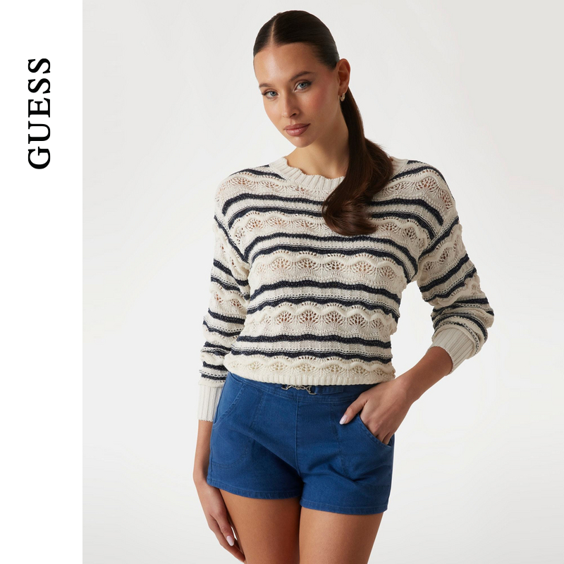 GUESS简约条纹镂空针织衫上衣