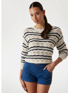 GUESS女士百搭简约条纹镂空针织衫上衣-W5GR35Z3NJ0