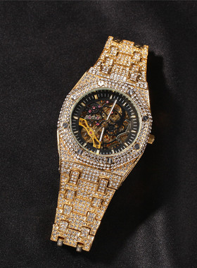 嘻哈满钻镂空透底机械表hiphop新款大表盘镶钻手表男潮人时尚腕表