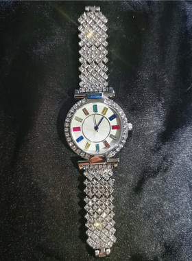 时尚满钻七彩圆形表盘女士石英手表镶钻小众气质高级感潮流腕表