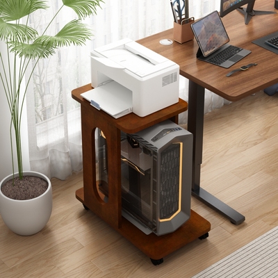 实木可移动边几小推车收纳架双层电脑主机托架打印机置物架茶水柜