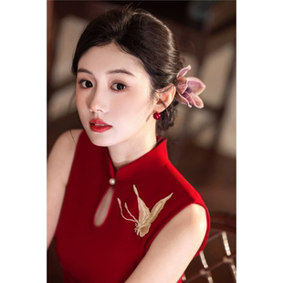 无袖红色旗袍2026新款订婚新娘敬酒服女夏季新中式礼服连衣裙刺绣