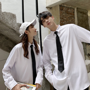 情侣长袖衬衫宽松19秋装新品纯色宽大衬衣男女休闲薄外套白色寸衫图片