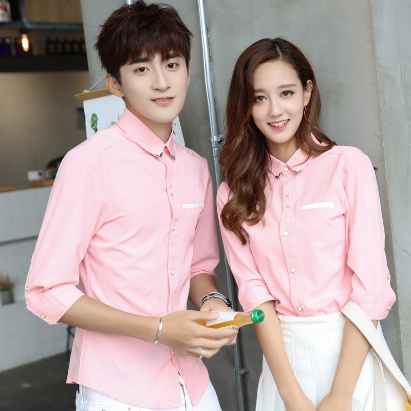 夏天学生中袖衬衫情侣装韩版修身修身五分袖衬衣男女生寸衣粉红色