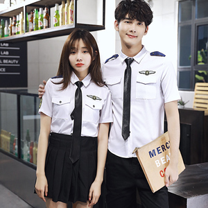 新款夏天短袖衬衫情侣制服衬衣半袖男女式休闲肩章寸衫白色打底衫,橘白色鞋子怎么搭配图片