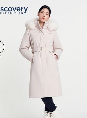 Discovery探索冬户外长款90鹅绒700蓬收腰毛领连帽保暖羽绒服女