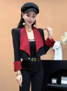 正版 黑红撞色西装外套女高级感小西服 气质百搭时尚显瘦短外套女
