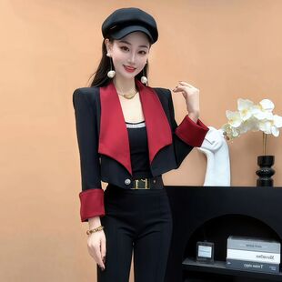 正版 黑红撞色西装外套女高级感小西服 气质百搭时尚显瘦短外套女
