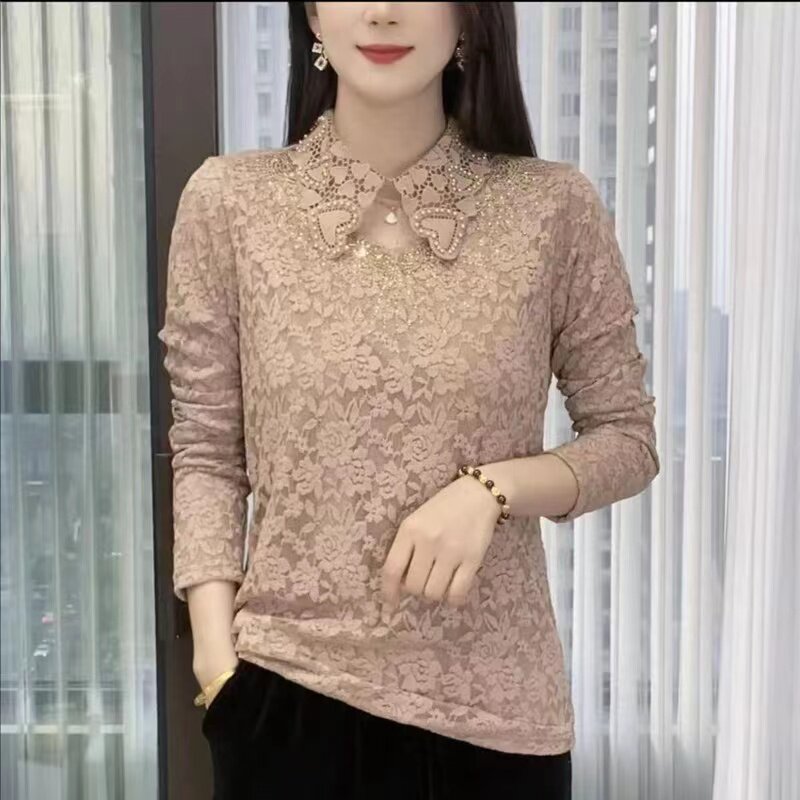 蕾丝上衣女2025春秋新款时尚洋气打底衫内搭加绒加厚长袖翻领小衫