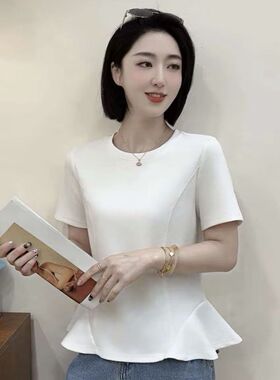 【韩紫朵】2026新品圆领下摆不规则设计洋气显瘦短袖t恤小衫82612