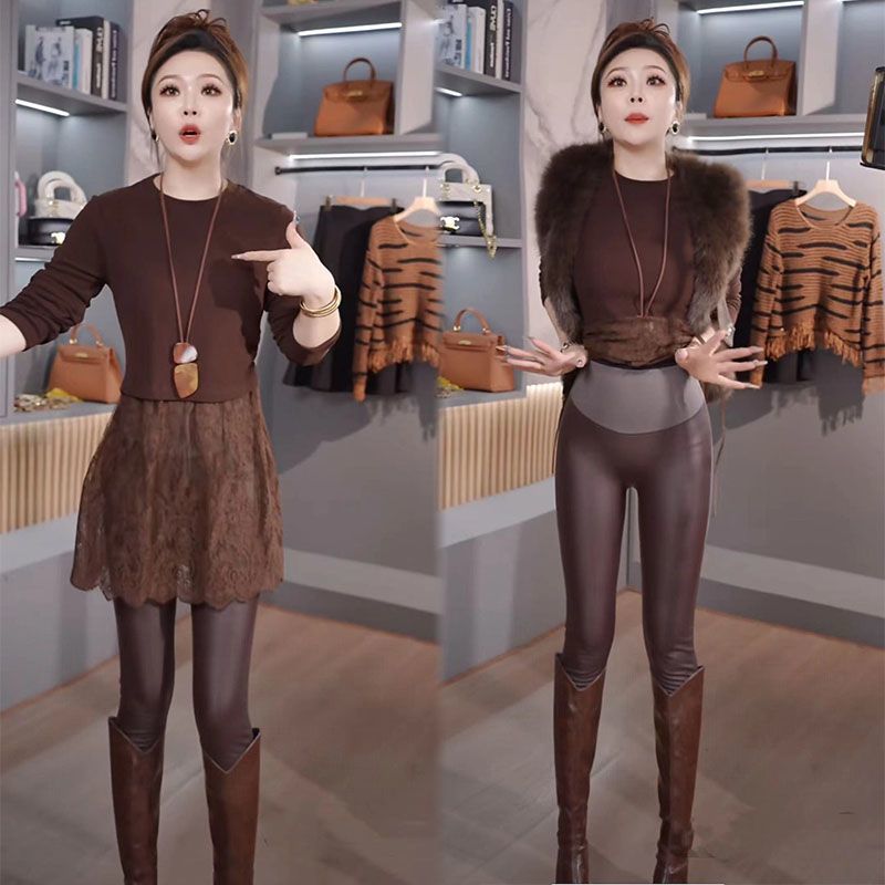 2025冬新款磨毛蕾丝拼接时尚洋气中长款打底衫+高腰提臀磨毛皮裤