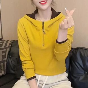 德绒连帽保暖双面绒拉链打底显瘦长袖高档新款秋冬拼色上衣帽衫