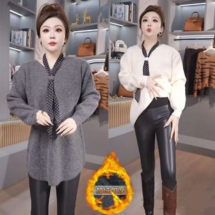 百搭创意丝巾系带宽松版 加绒鲨鱼皮裤 长袖 高腰修身 针织衫 冬时尚