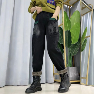 加绒/薄款 弹力牛仔裤女新款松紧高腰宽松显瘦哈伦裤直筒老爹长裤