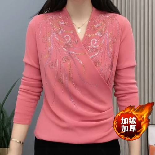 加绒加厚打底蕾丝新款妈妈时尚网纱v领长袖洋气遮肚显瘦上衣小衫