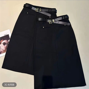 中长裙腰带款 加厚西装 2025新品 后面松紧开叉半身裙6808 韩紫朵