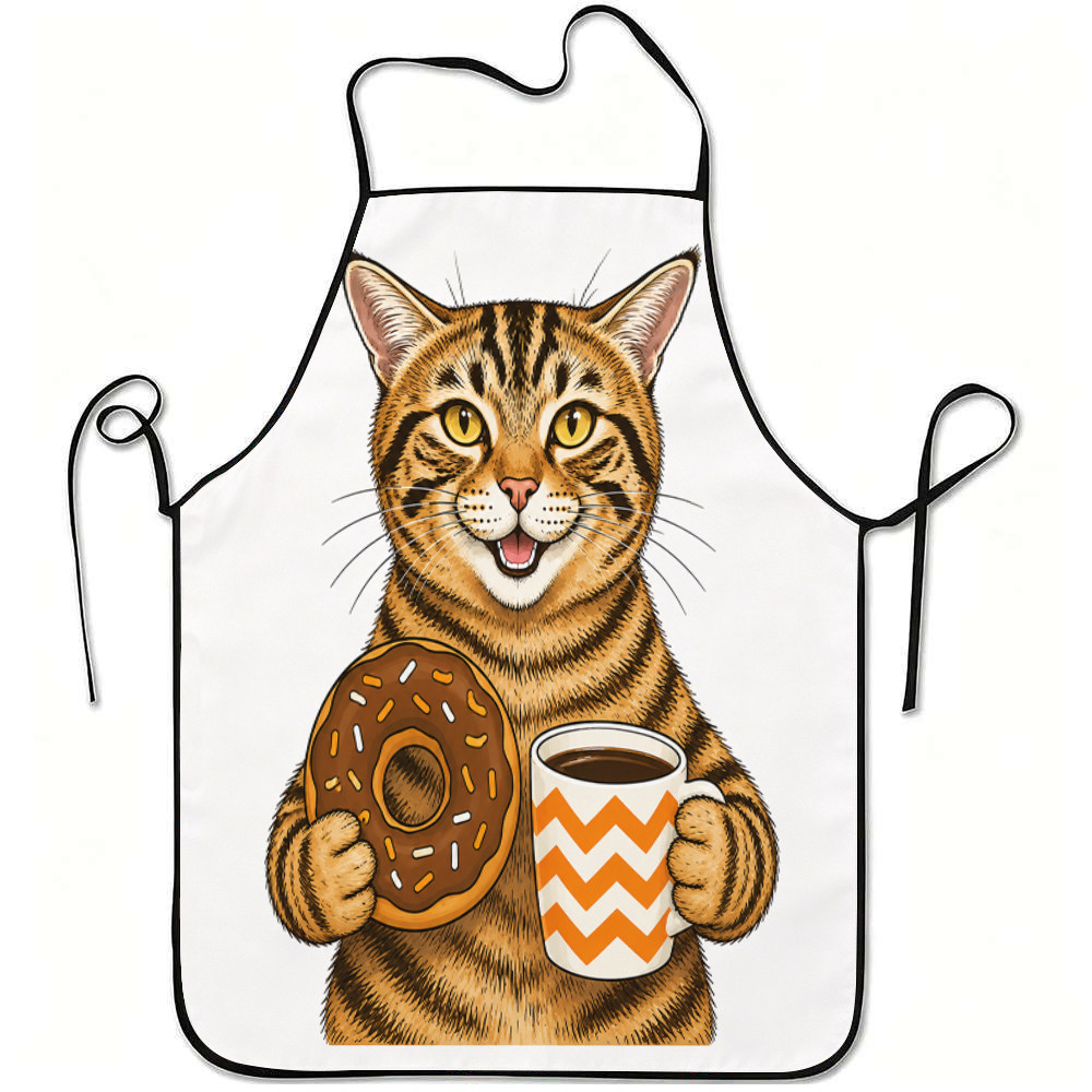 防水布艺卡通虎斑猫咖啡甜甜圈围裙 厨房超萌个性防脏实用好物图片