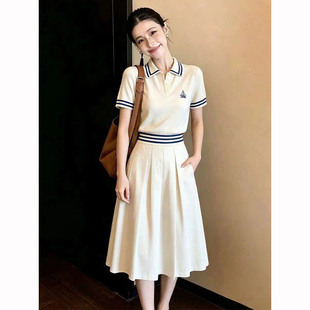 夏季冰丝翻领针织短袖条纹T恤女大码胖mm百褶a字半身裙两件套装薄