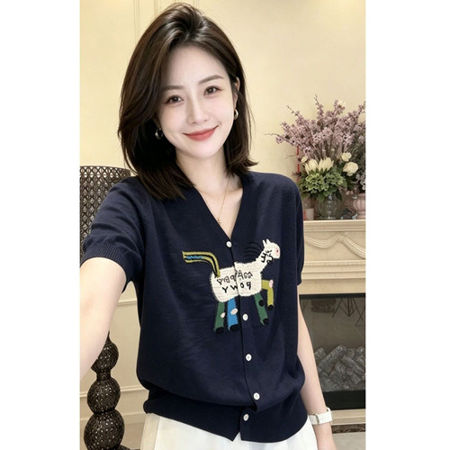 夏季冰丝针织开衫女卡通刺绣印花短袖T恤大码胖mm洋气减龄上衣薄