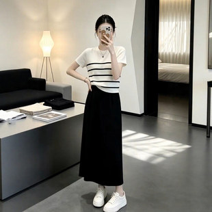大码胖mm夏装一整套大方得体时尚减龄条纹短袖半身裙两件套装女款