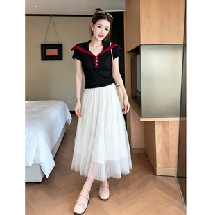 大码微胖mm超火小众不撞款针织短袖高腰显瘦半身长裙套装女夏季