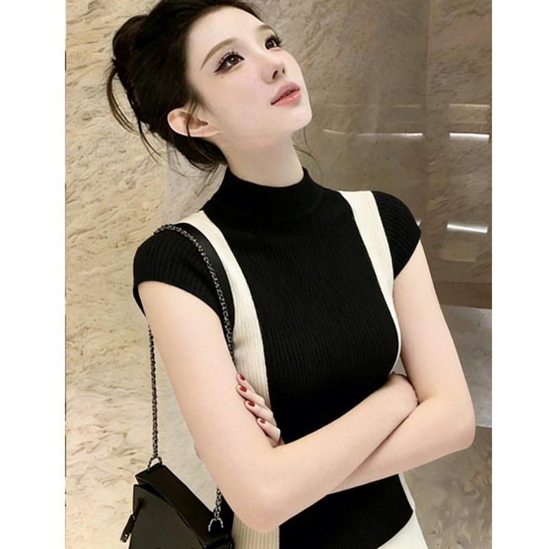 大码微胖mm黑色半高领短袖针织打底衫女夏季款别致洋气套头上衣