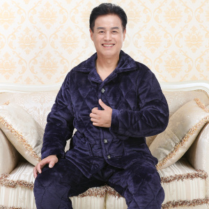 冬季中老年人保暖加厚夹棉睡衣爸爸男士秋冬款中年老人珊瑚绒加绒