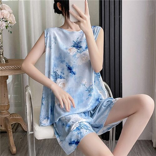 棉绸睡衣女夏薄款宽松无袖人造棉家居服可外穿学生绵绸套装加大码