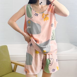 睡衣女士夏季薄款棉绸睡衣两件套装性感短裤背心人造棉家居服