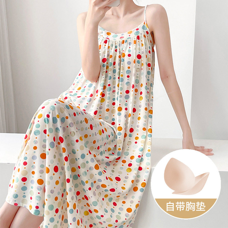 纯欲绵绸睡裙女带胸垫夏薄款性感吊带棉绸睡衣连衣裙家居服大码