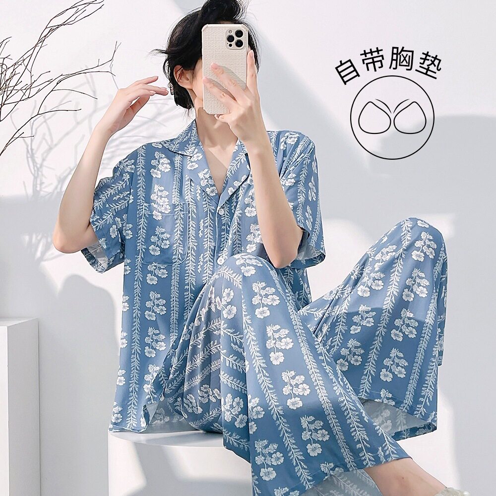 棉绸睡衣女可外穿条纹印花短袖长裤宽松透气日常休闲居家服两件套