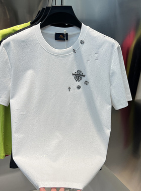 2025春夏新款潮牌男装时尚破洞亮片休闲圆领短袖高品质男士半袖