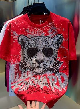 2025早春男装新款时尚圆领重工半袖潮流百搭品质烫钻男士短袖T恤