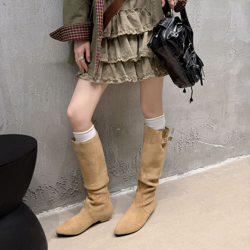 内增高复古褶皱堆堆骑士靴女