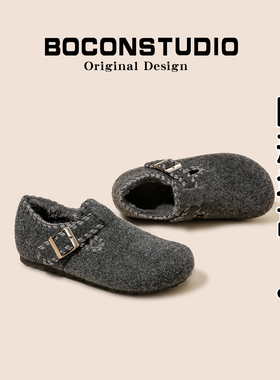 增高6cm~格雷风灰加绒勃肯鞋女冬季加厚毛毛鞋棉鞋厚底保暖单鞋女